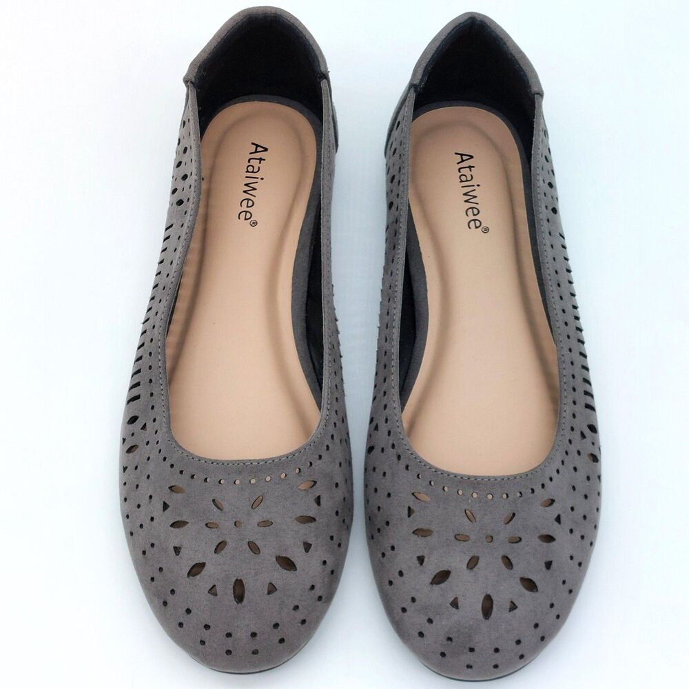 Ataiwee Shoes Womens Sz 9W Gray Faux Suede Cutout Detail Casual Flats Minimalist